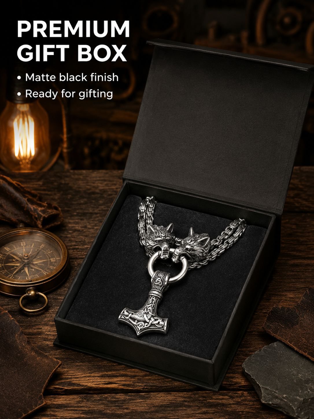 1pc Men's Vintage Nordic Viking Wolf Head Steel Chain And Hammer Pendant Necklace