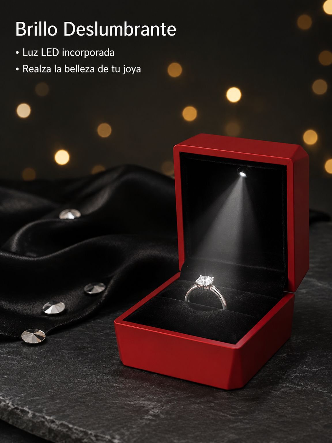 Estuche para joyas con LED y superficie facetada tipo diamante, caja para anillo y colgante