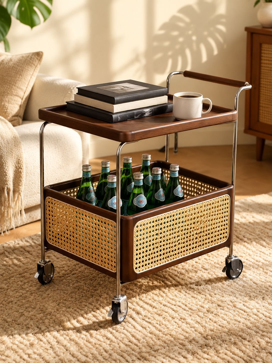 Table d'appoint en bois massif style vintage avec étagère de rangement mobile