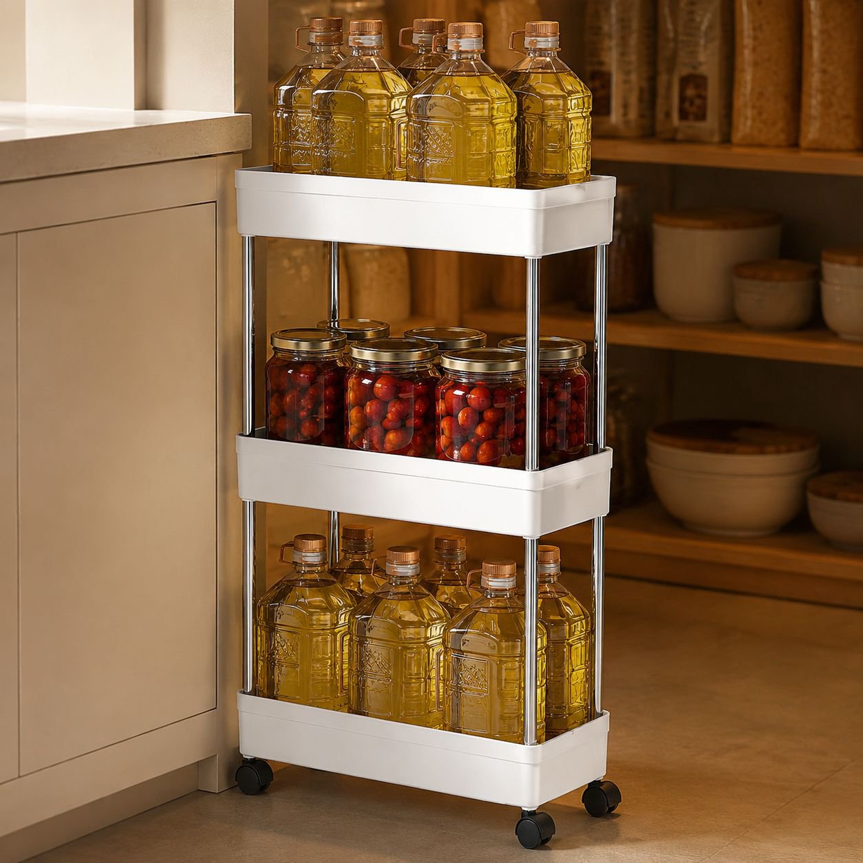 Sturdy metal and wood multi-tier shelf close-up
