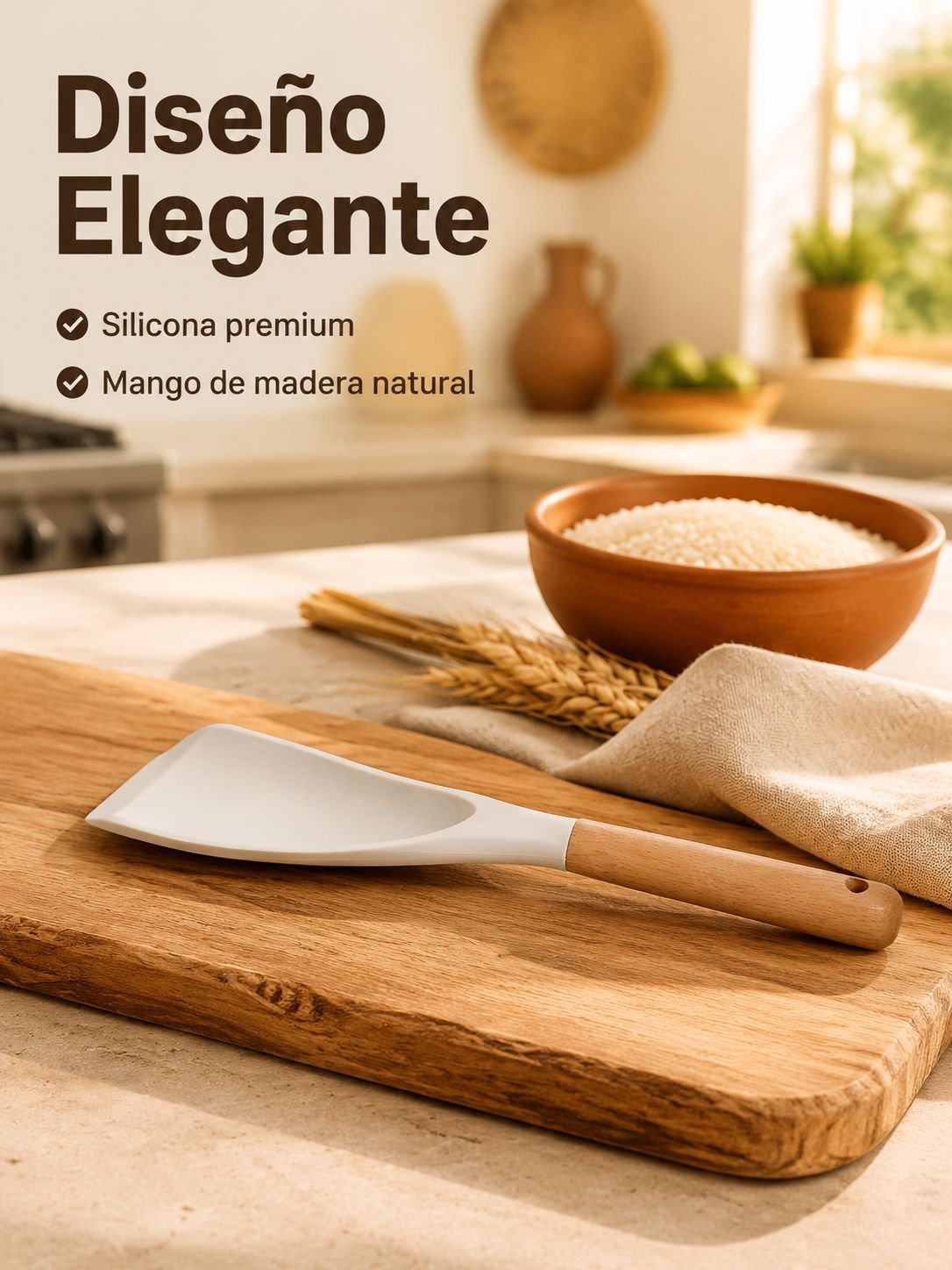 Cuchara de arroz de silicona con mango de madera