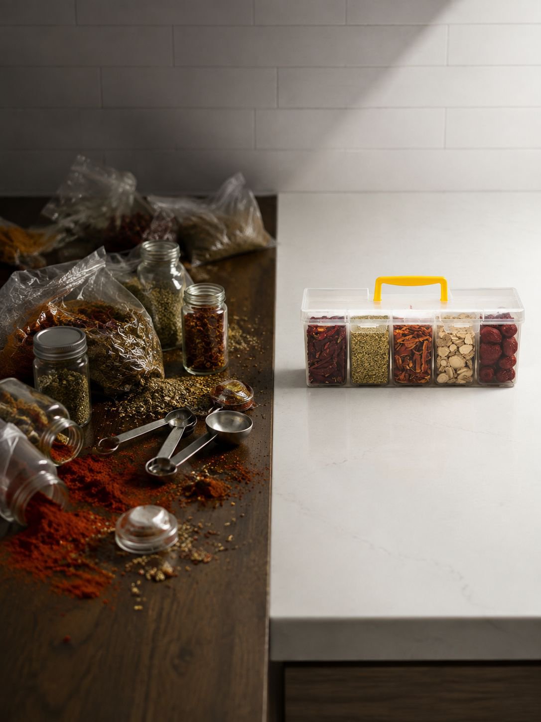 Space-saving spice organizer holding multiple spice jars neatly in a kitchen cabinet