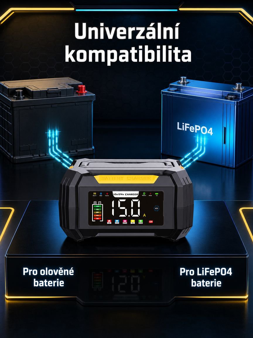 Přenosná 12V nabíječka s ukrytým kabelem, univerzální pro olověné a LiFePO4 autobaterie