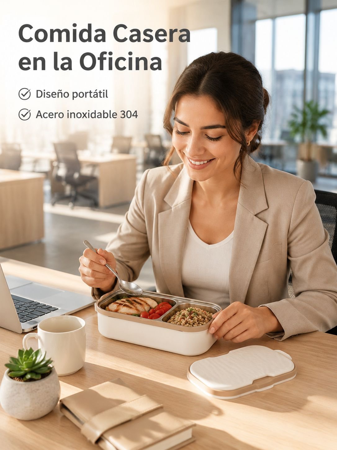 Caja bento de acero inoxidable de gran capacidad con divisores para estudiantes y oficinistas
