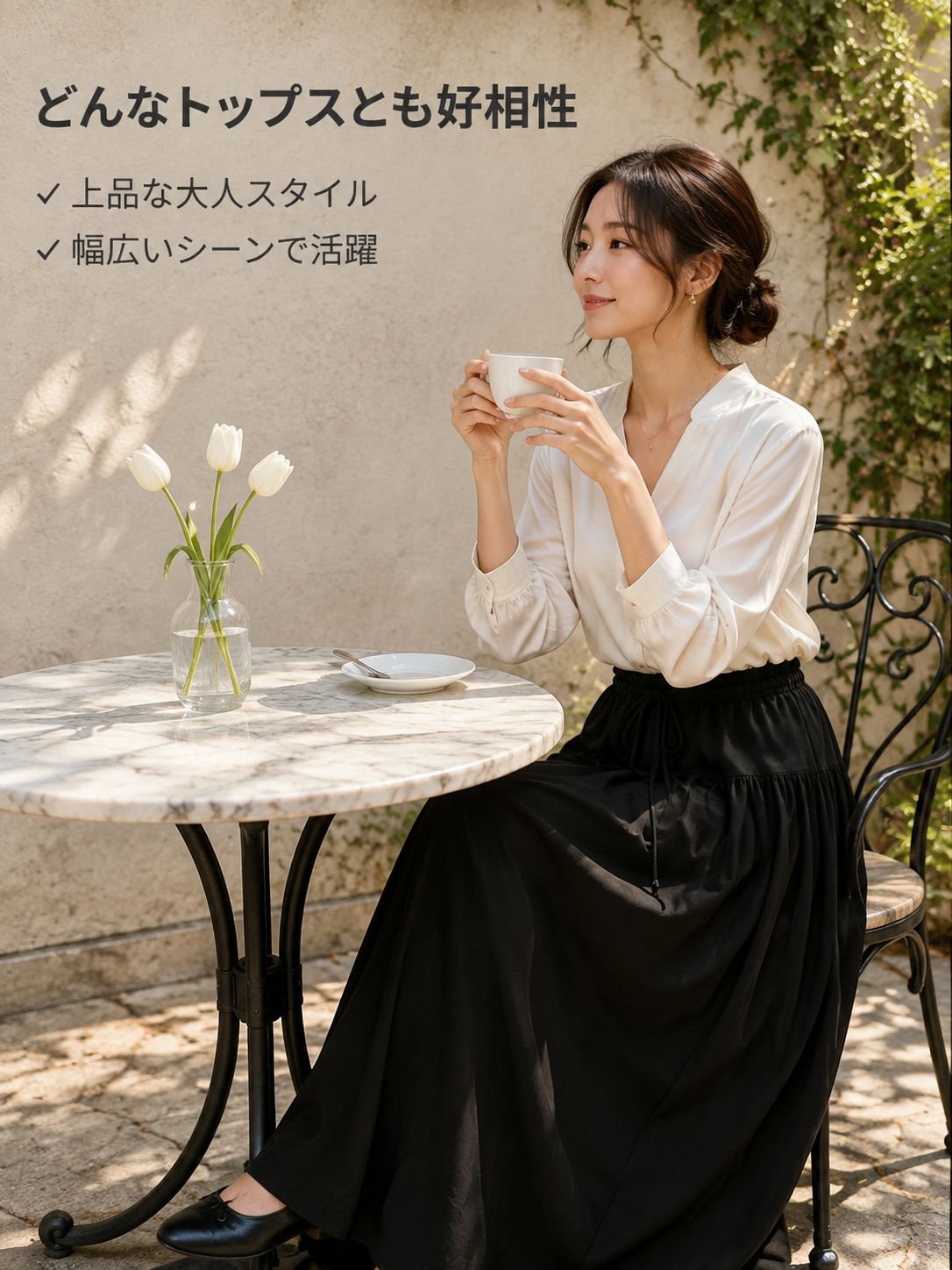 ハイウエストワイド切替ロングスカートパンツ ゆったりスリム効果