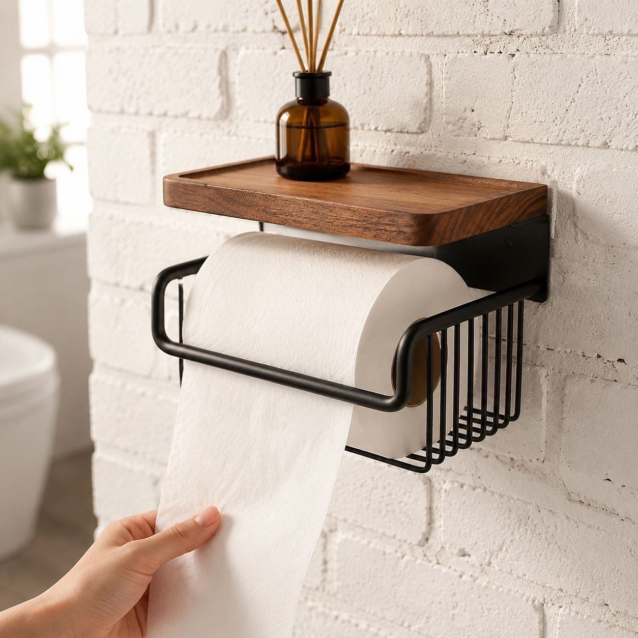 Antique Walnut Wall Mounted Toilet Paper Holder with Drawer, No Drilling