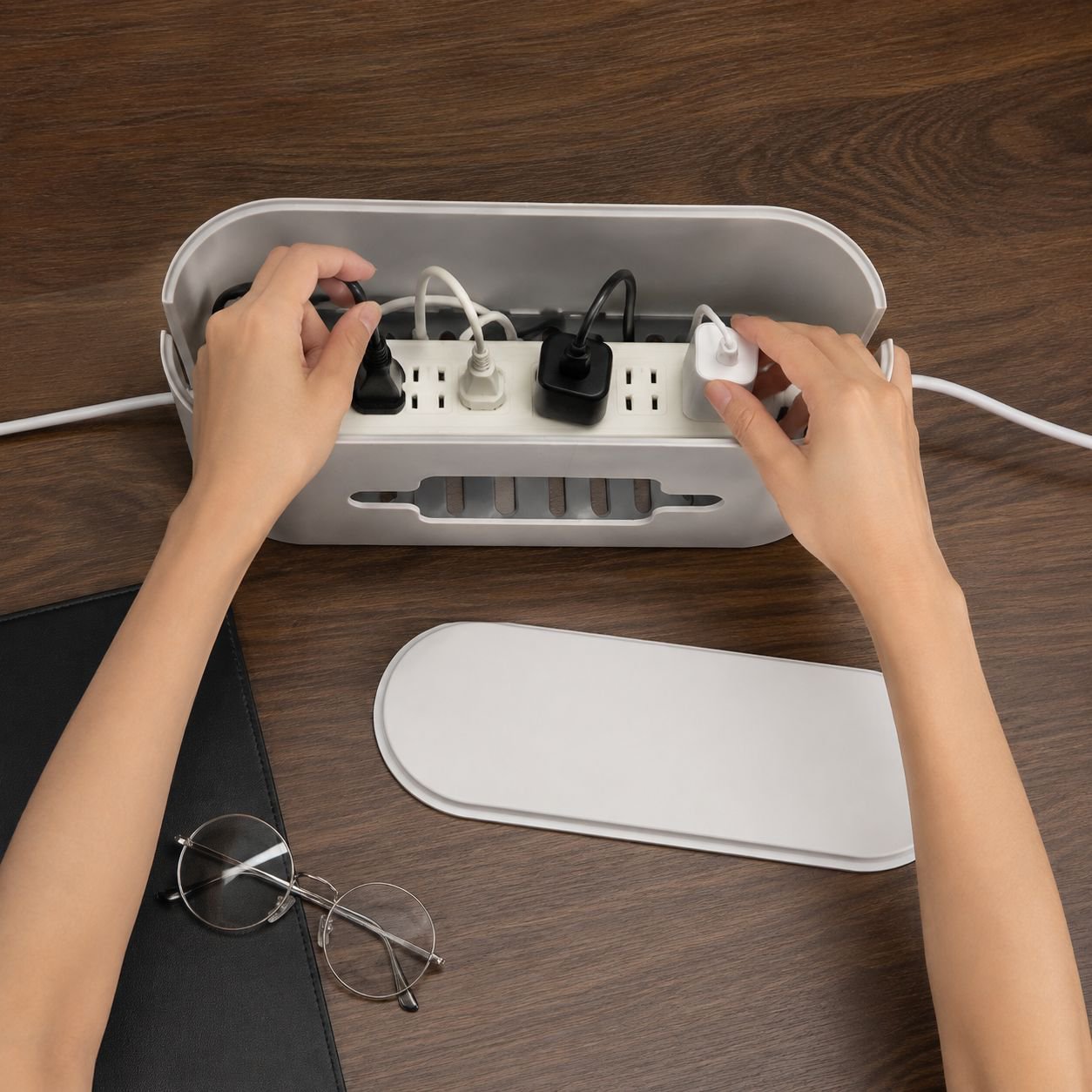 Household cable management box for tidy cords
