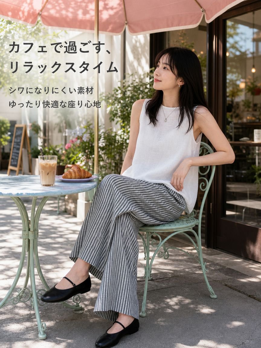 ストライプカジュアルワイドパンツ レディース ゆったりシルエット