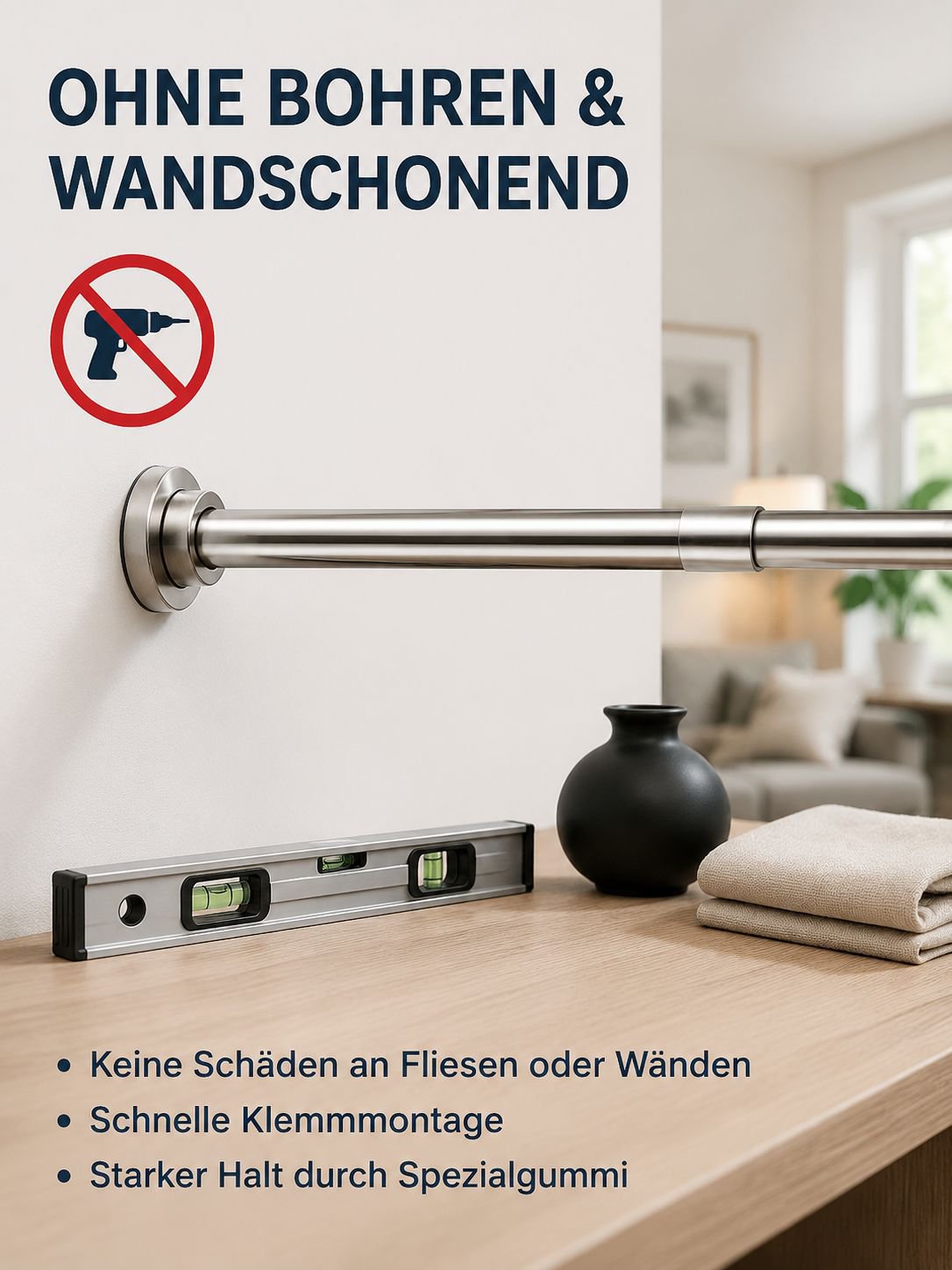 Ausziehbare Wäschestange aus Edelstahl, ohne Bohren, geeignet für Duschvorhänge, Gardinenstangen, Tü