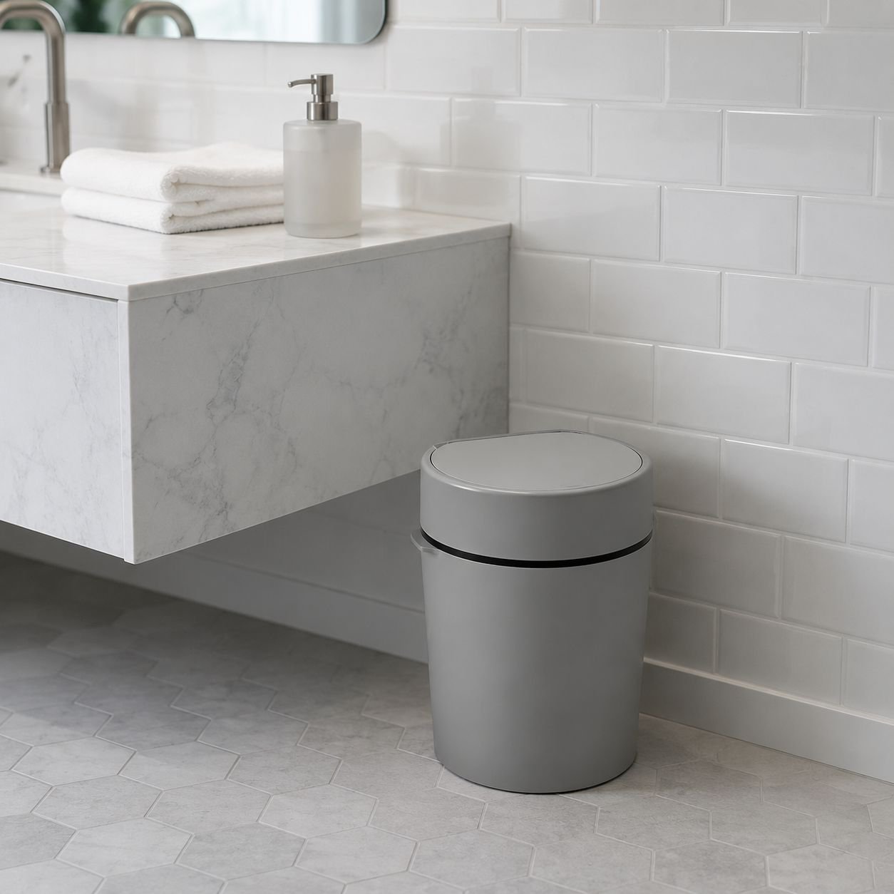 Pop-up lid trash can showing interior space