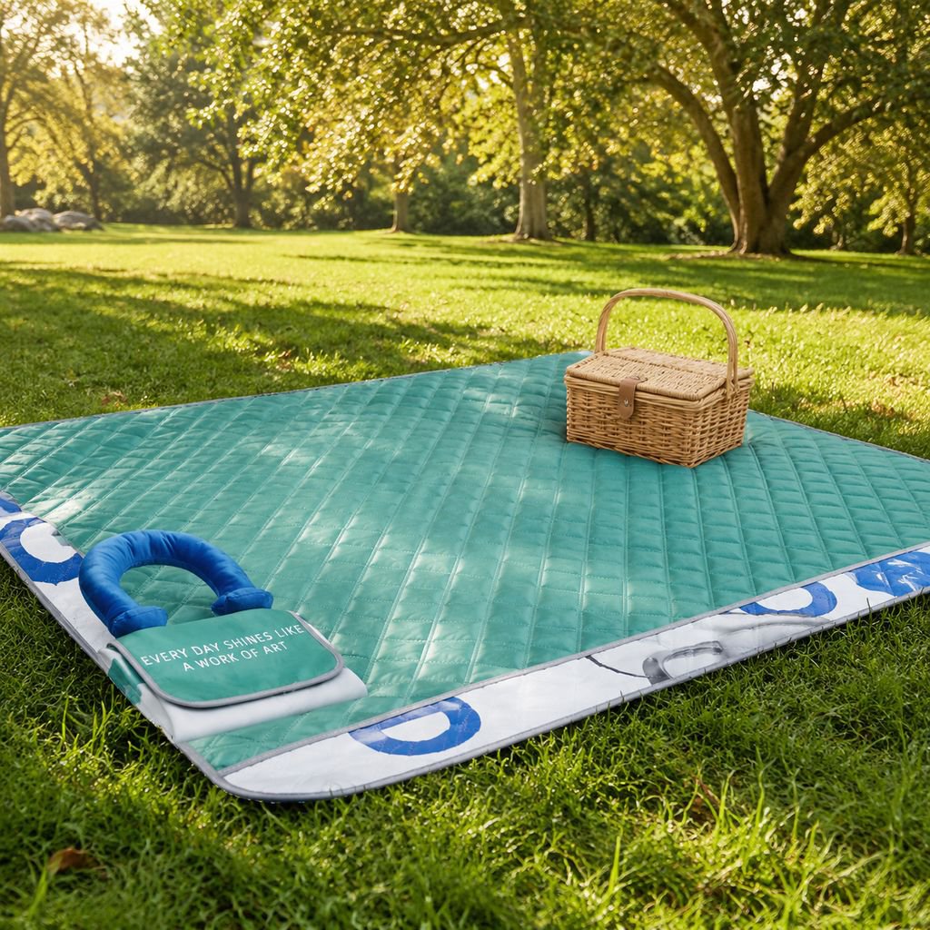 Foldable picnic mat with cotton filling, handle, moisture-proof mat, portable outdoor waterproof pic