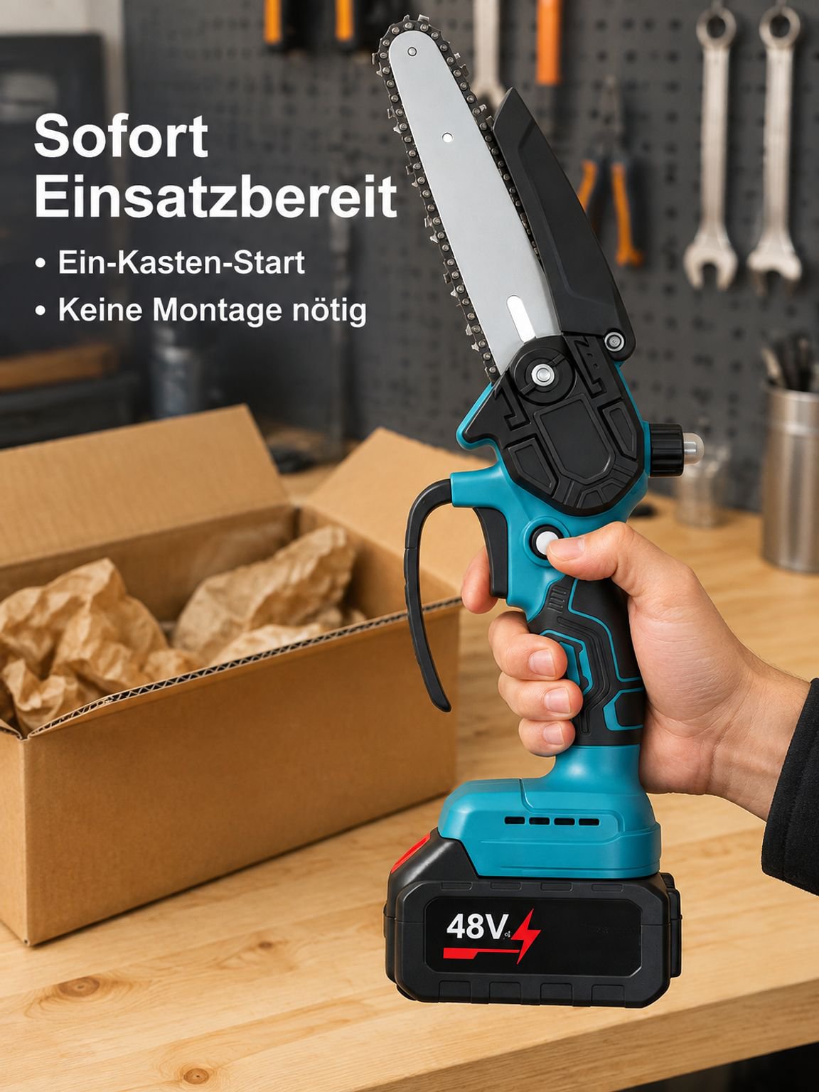 Gartenarbeit mit tragbarer Akku-Handkettensäge