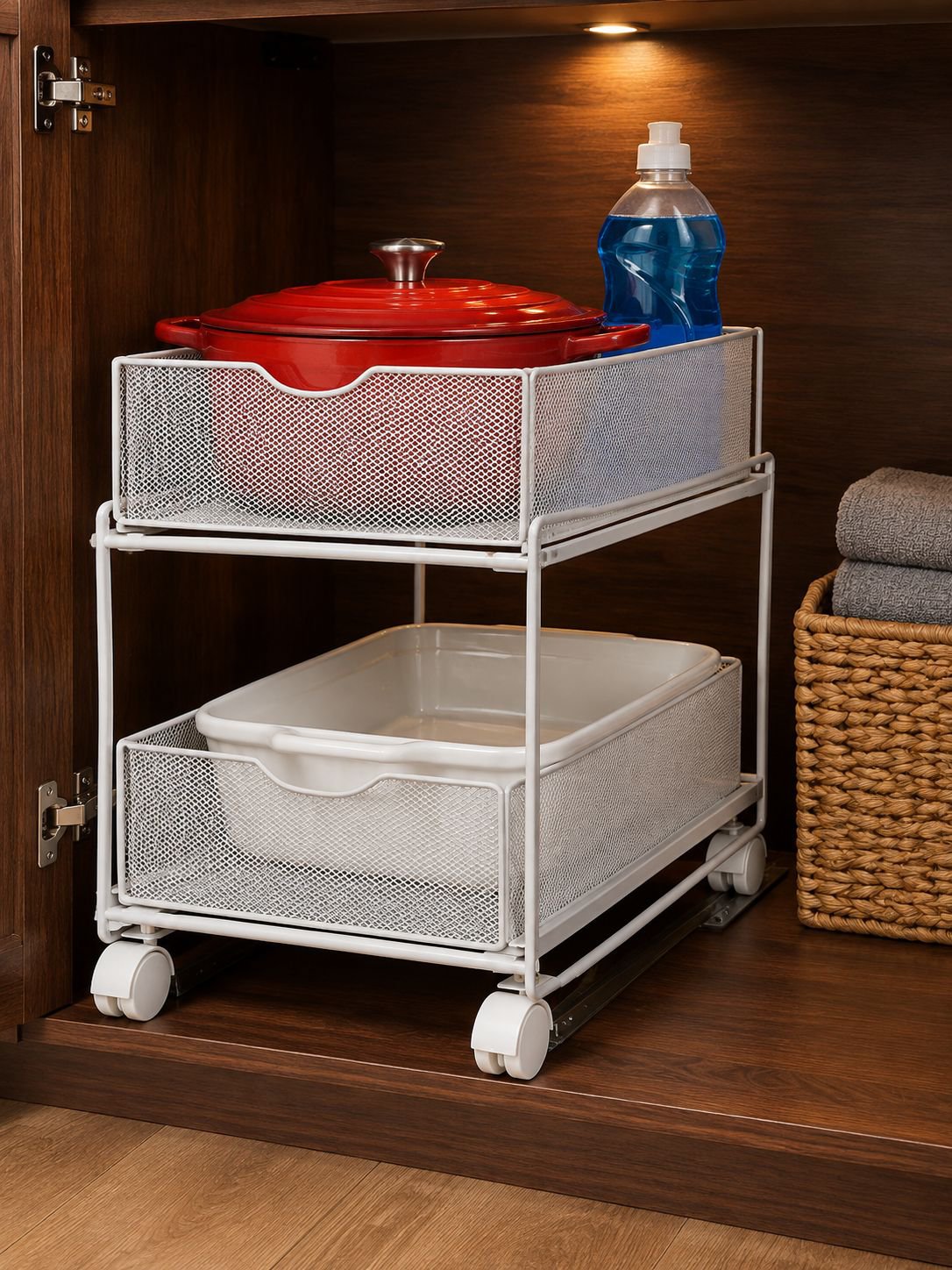 Organizer inside a kitchen cabinet showcasing extra storage space