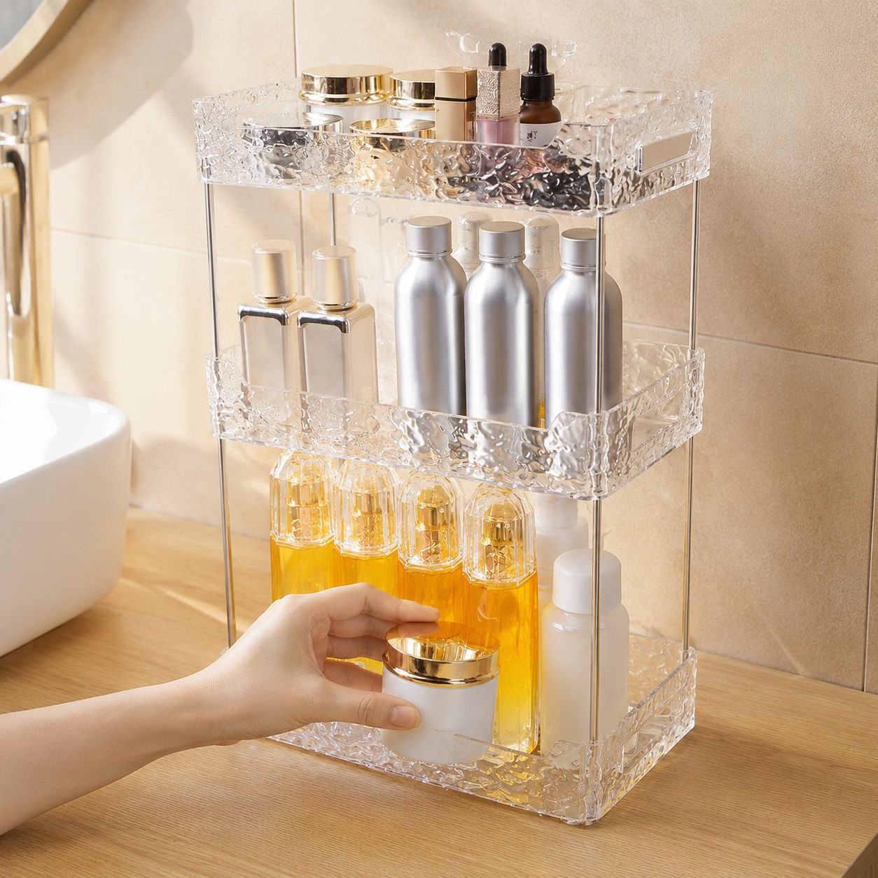 Bathroom vanity organizer with glacier pattern