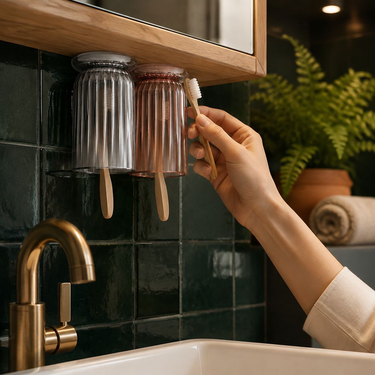 Close-up of magnetic attachment on toothbrush holder