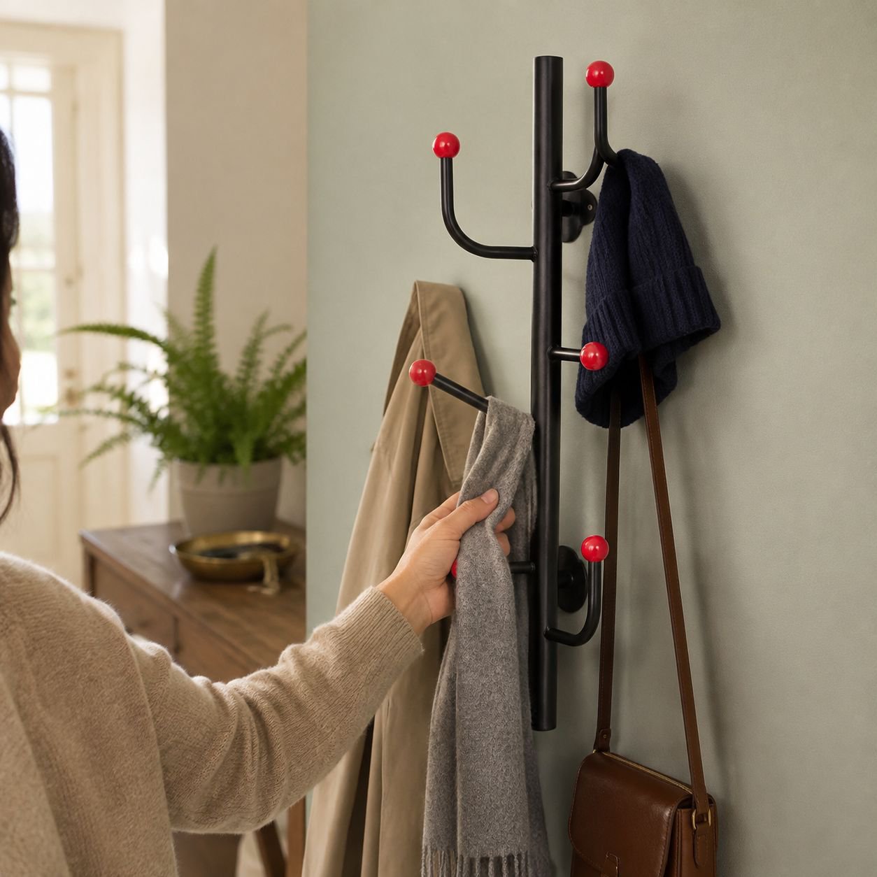 No-Drill Strong Adhesive Wall-Mounted Coat Rack holding jackets and bags