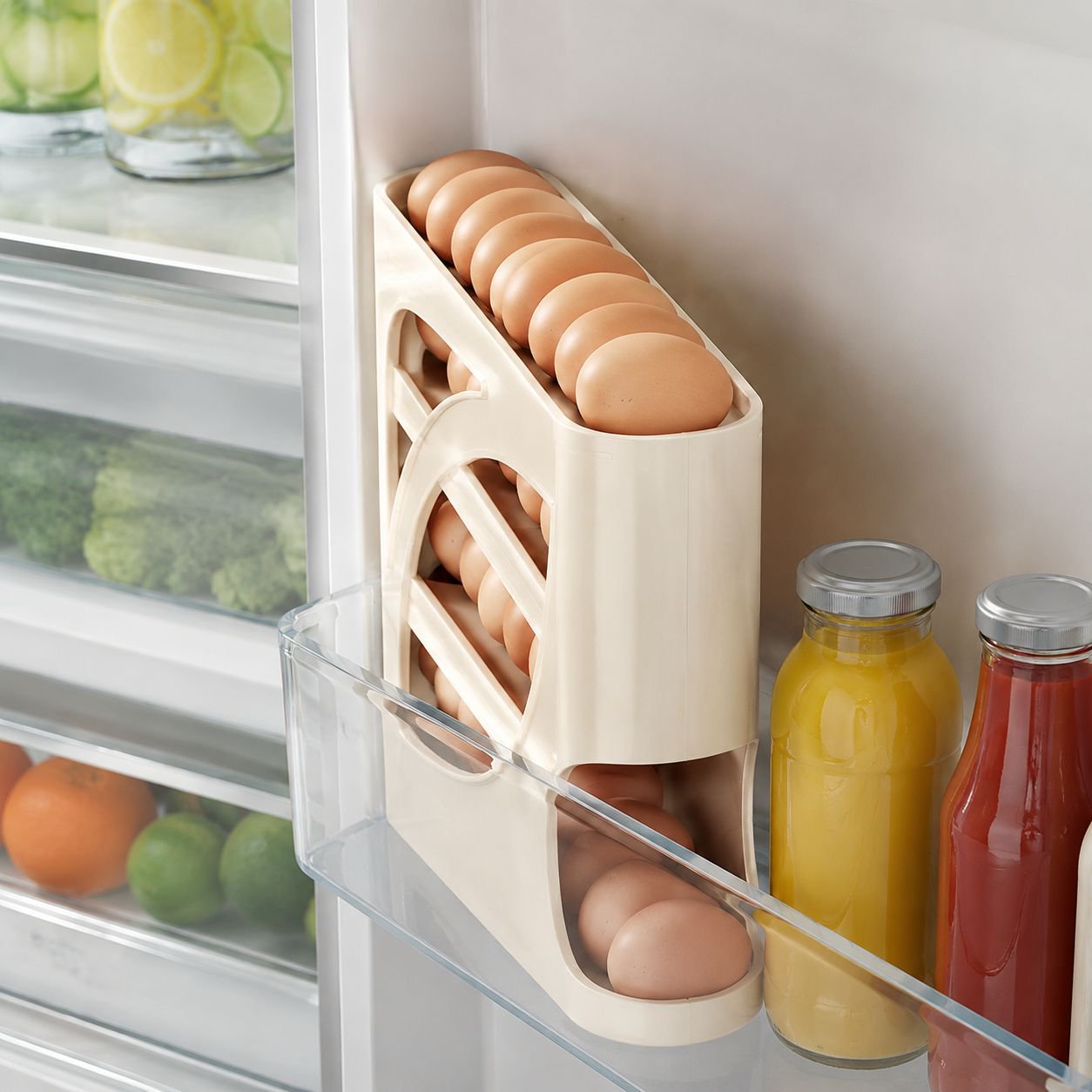 Rollende Eierablage, mehrschichtige Eieraufbewahrungsbox für den Kühlschrank