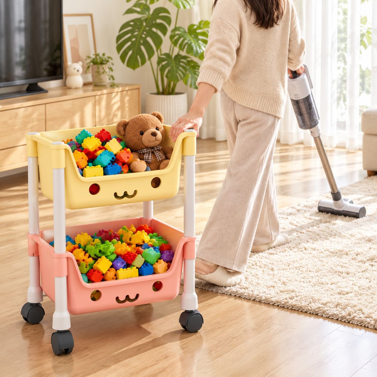 Spacious toy storage shelf with wheels for mobility