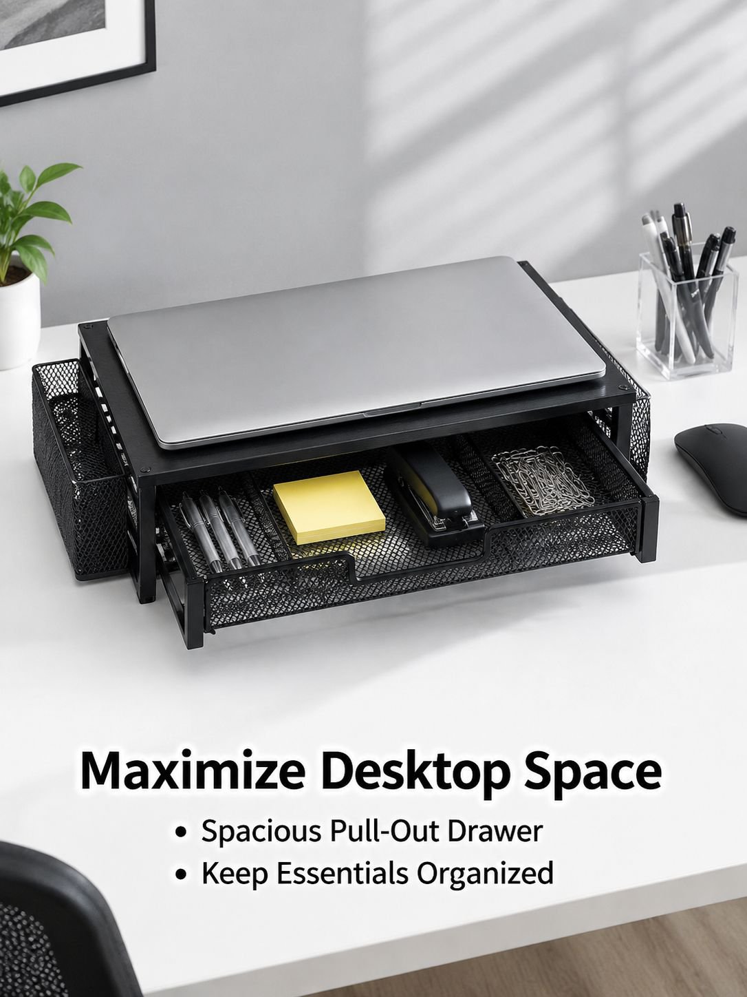 Dual-Layer Metal & Wood Monitor Stand with Drawer Desktop Organizer
