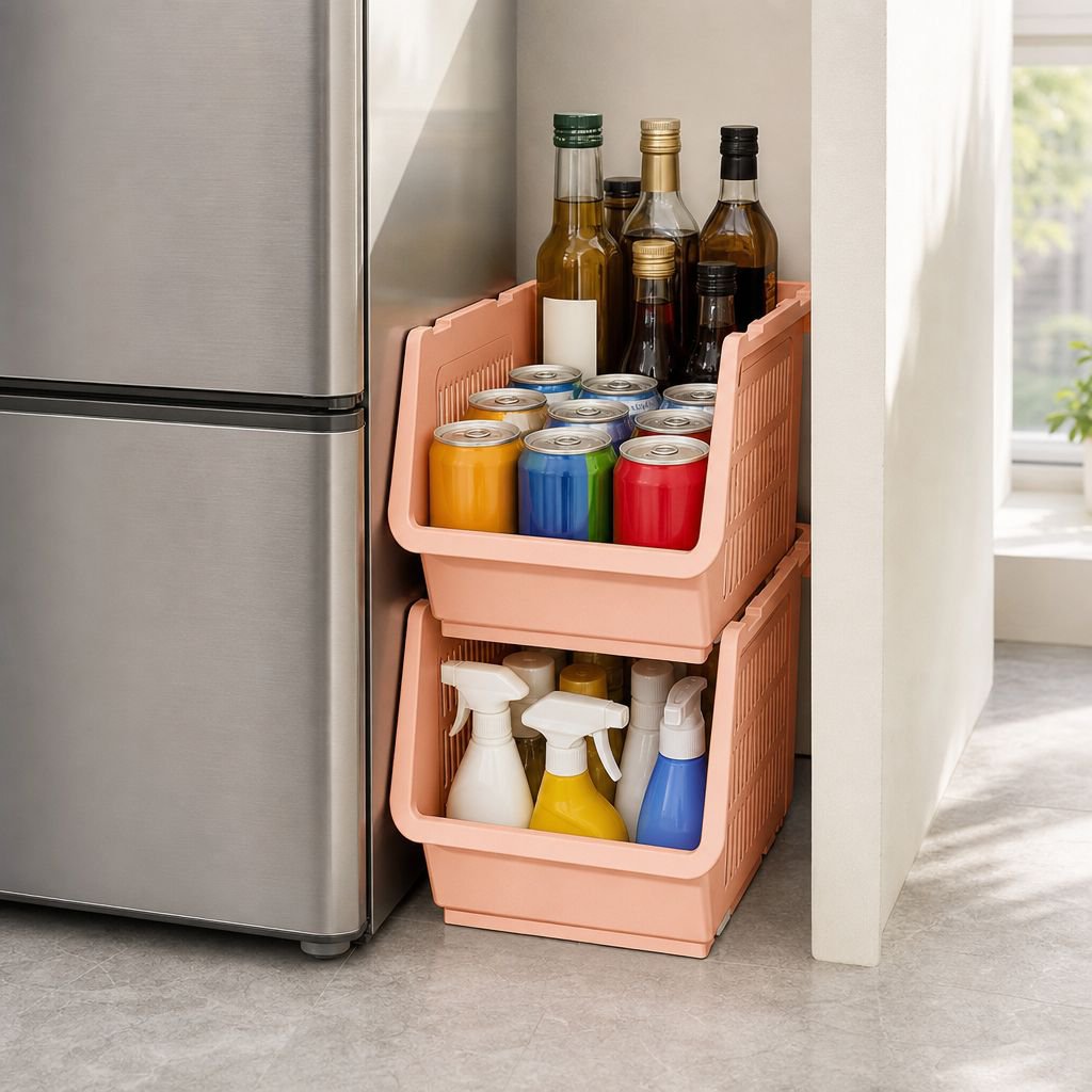 Multi-purpose toy storage basket in kitchen