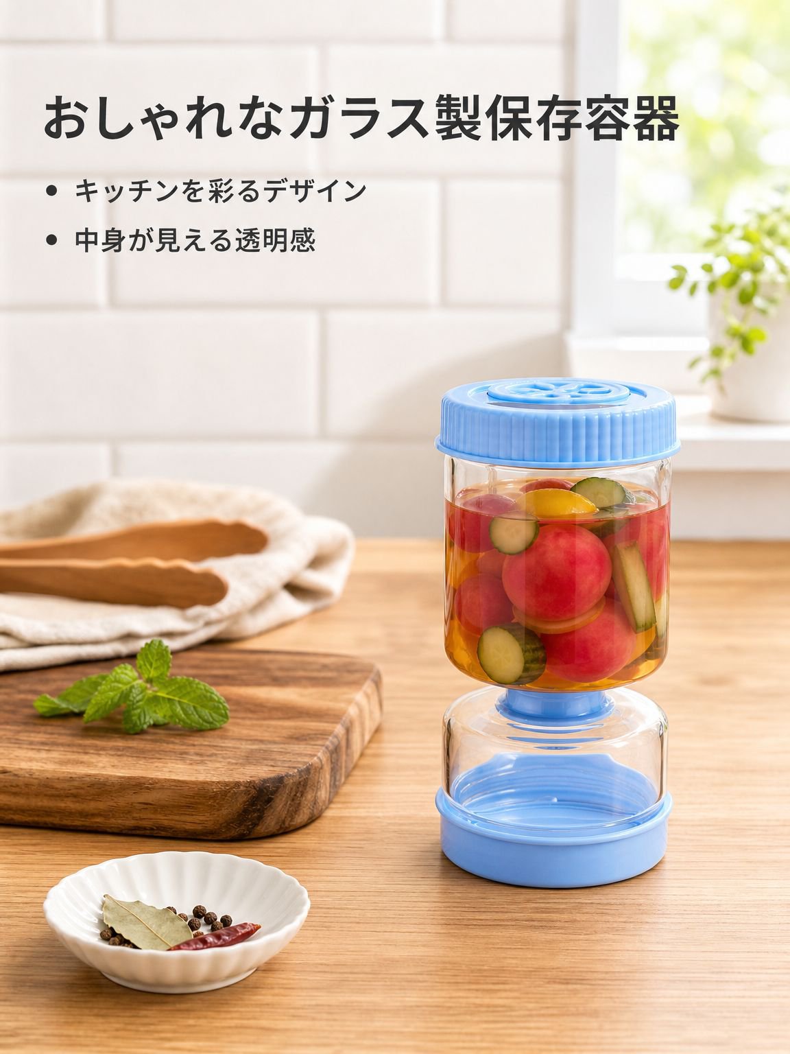 乾湿分離機能付き丸型ガラス製ピクルス瓶