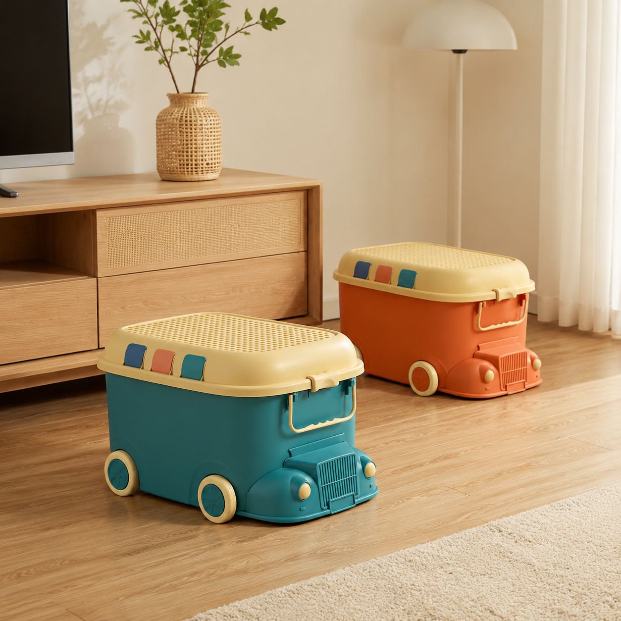 Multi-compartment train storage bin for kids toys