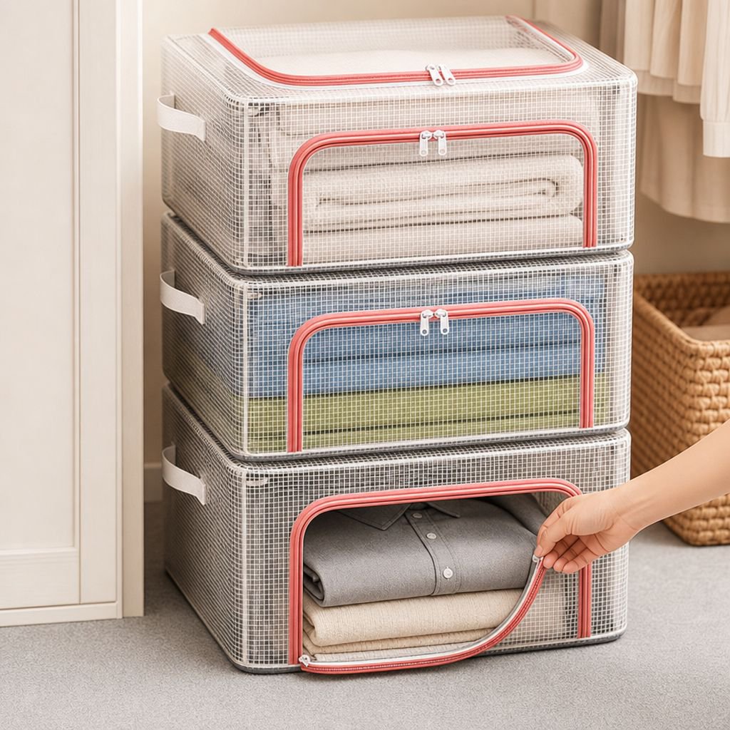 Caja organizadora de ropa transparente y reforzada