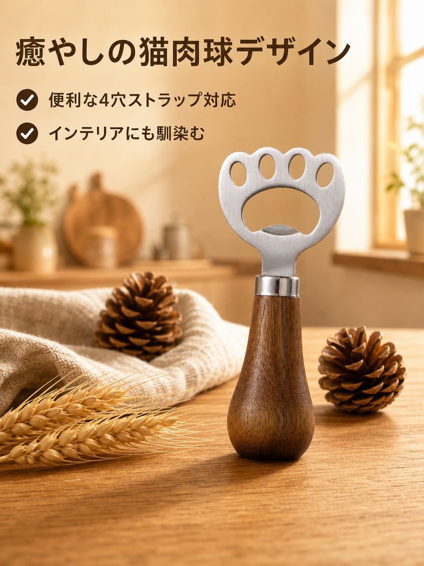 吊り下げ穴付きの携帯用木製栓抜き
