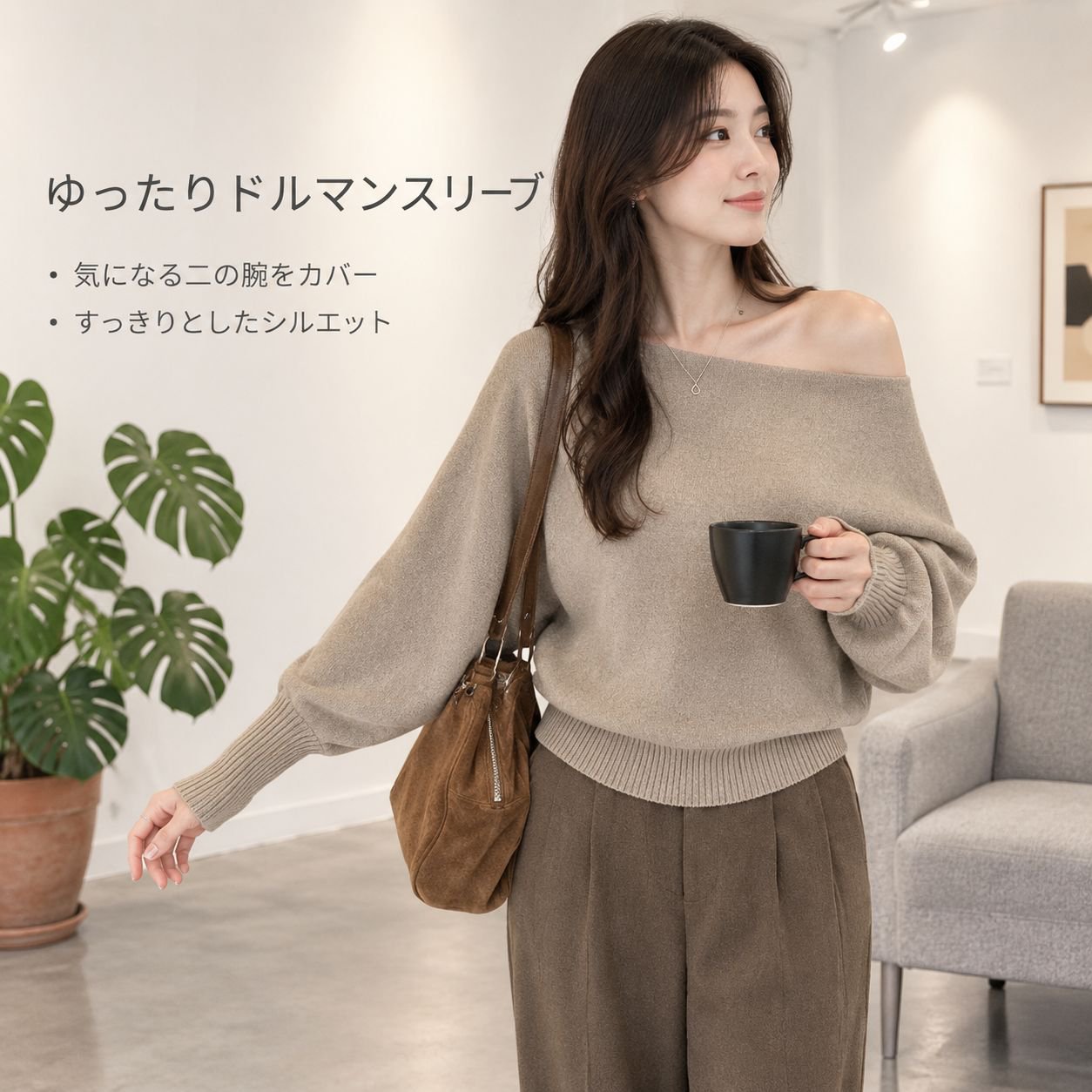 カーキ オフショルダー ニット レディース 秋 上品 ルーズ セーター インナー トップス
