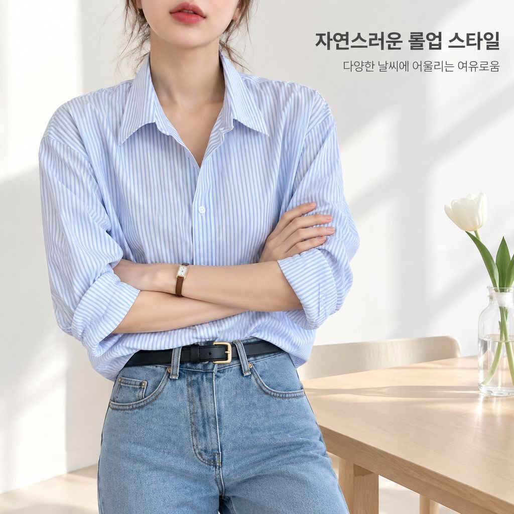 스타일리시한 루즈핏 스트라이프 상의 여성 롱 스타일 한국 디자인 셔츠