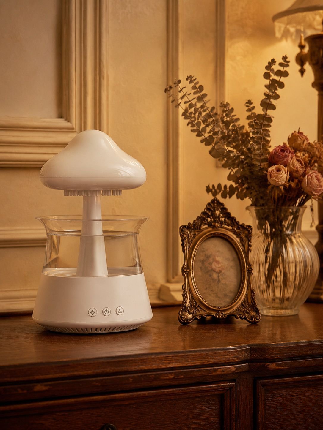 Humidificateur Nuage de champignons posé sur une table de chevet