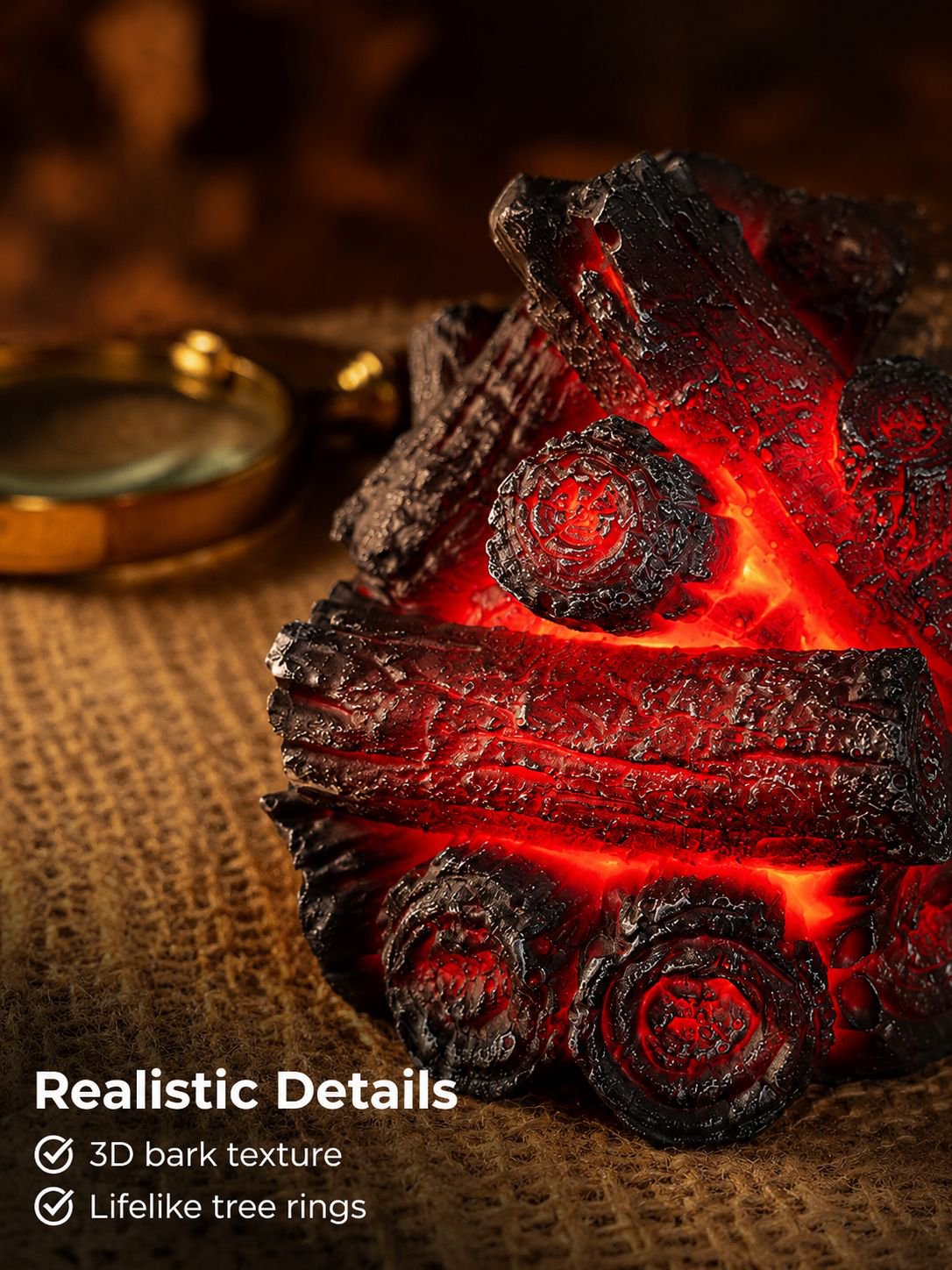 Close-up of the charcoal pile design on a resin LED ambient light