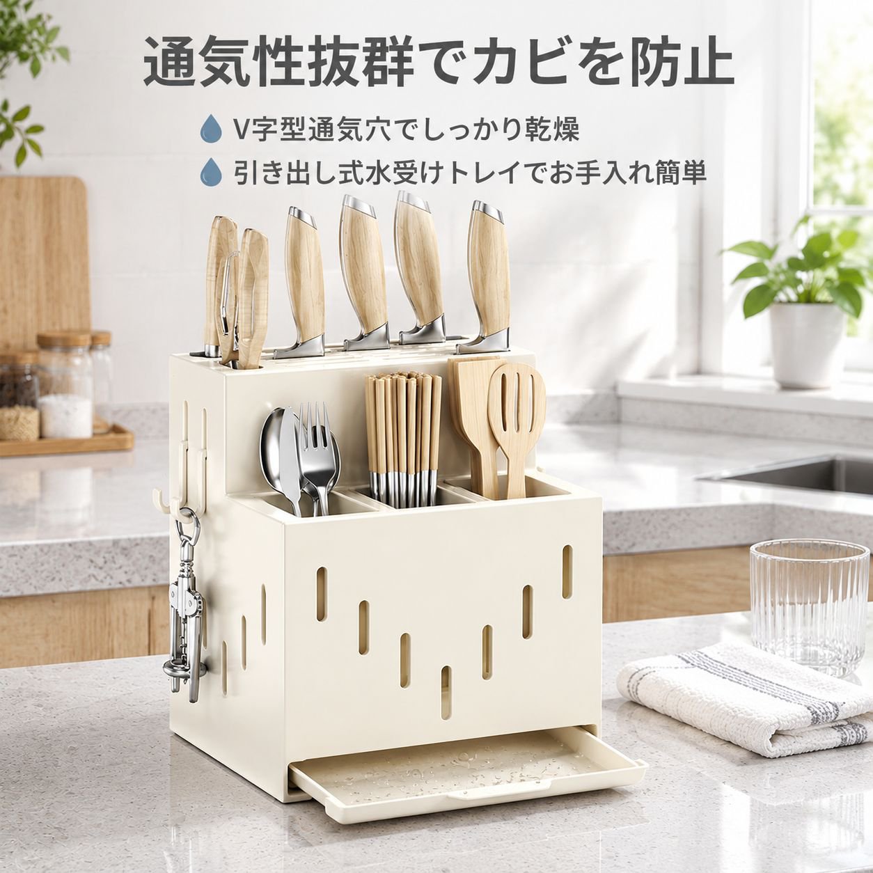 穴あけ不要の壁掛け式キッチンカウンター用炭素鋼製包丁・箸ラック