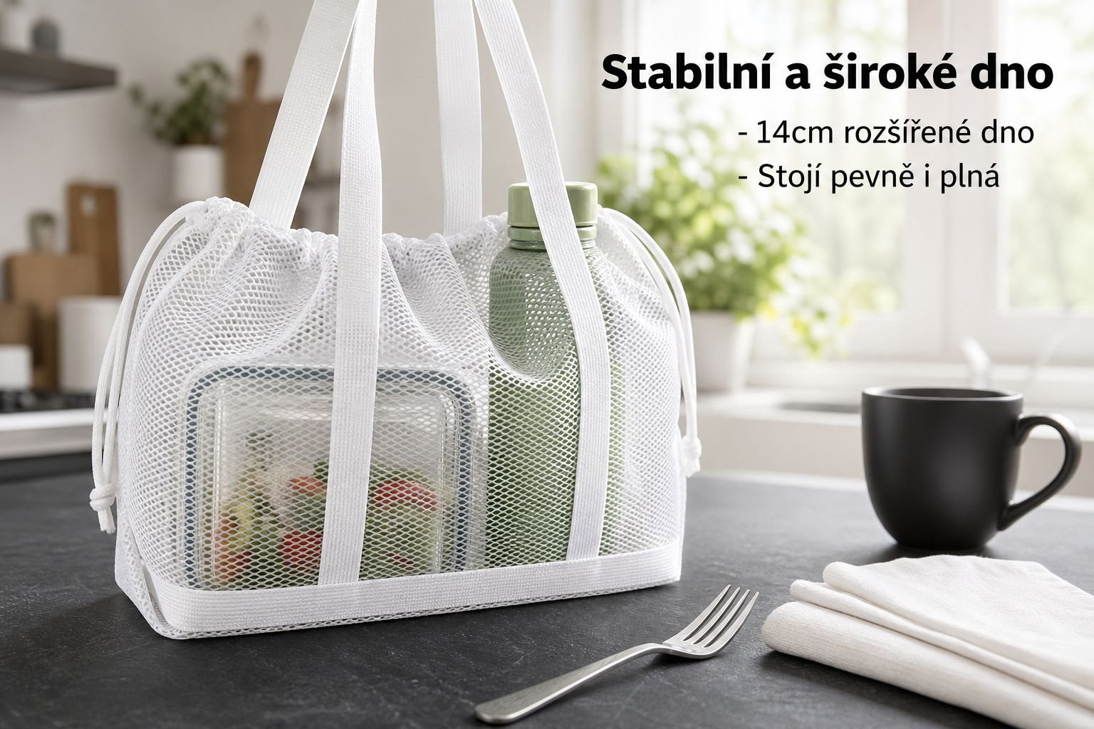 Síťovaná taška na ručník a opalovací krém na pláži