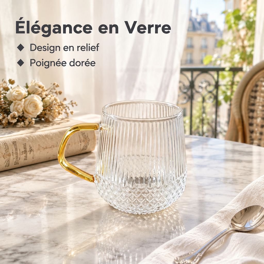 Tasse en Verre Borosilicate Rayé avec Anse Verre à Thé Café