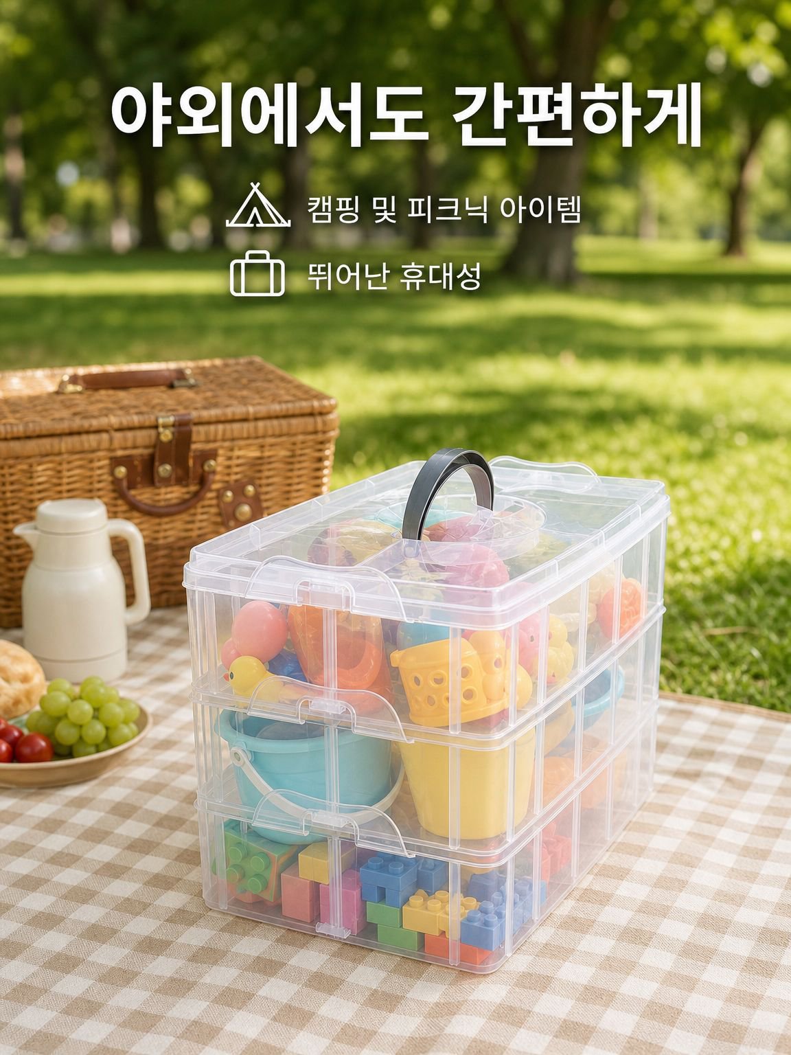 깔끔하게 정돈된 투명 수납박스 내부