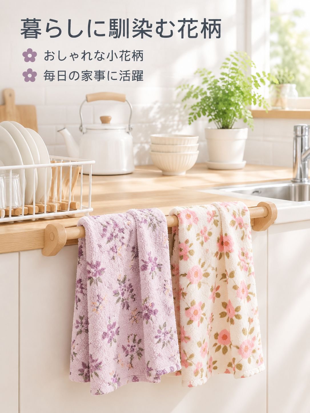 紫・ピンクの小花柄 油汚れが付きにくいキッチンクロス