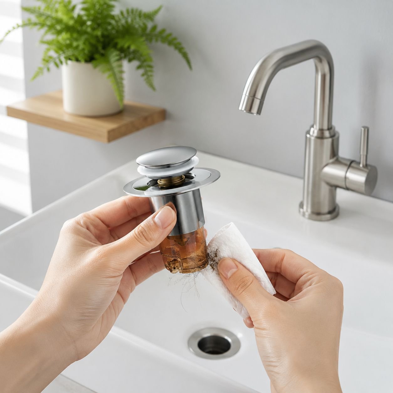 Odor-resistant stainless steel sink filter in use