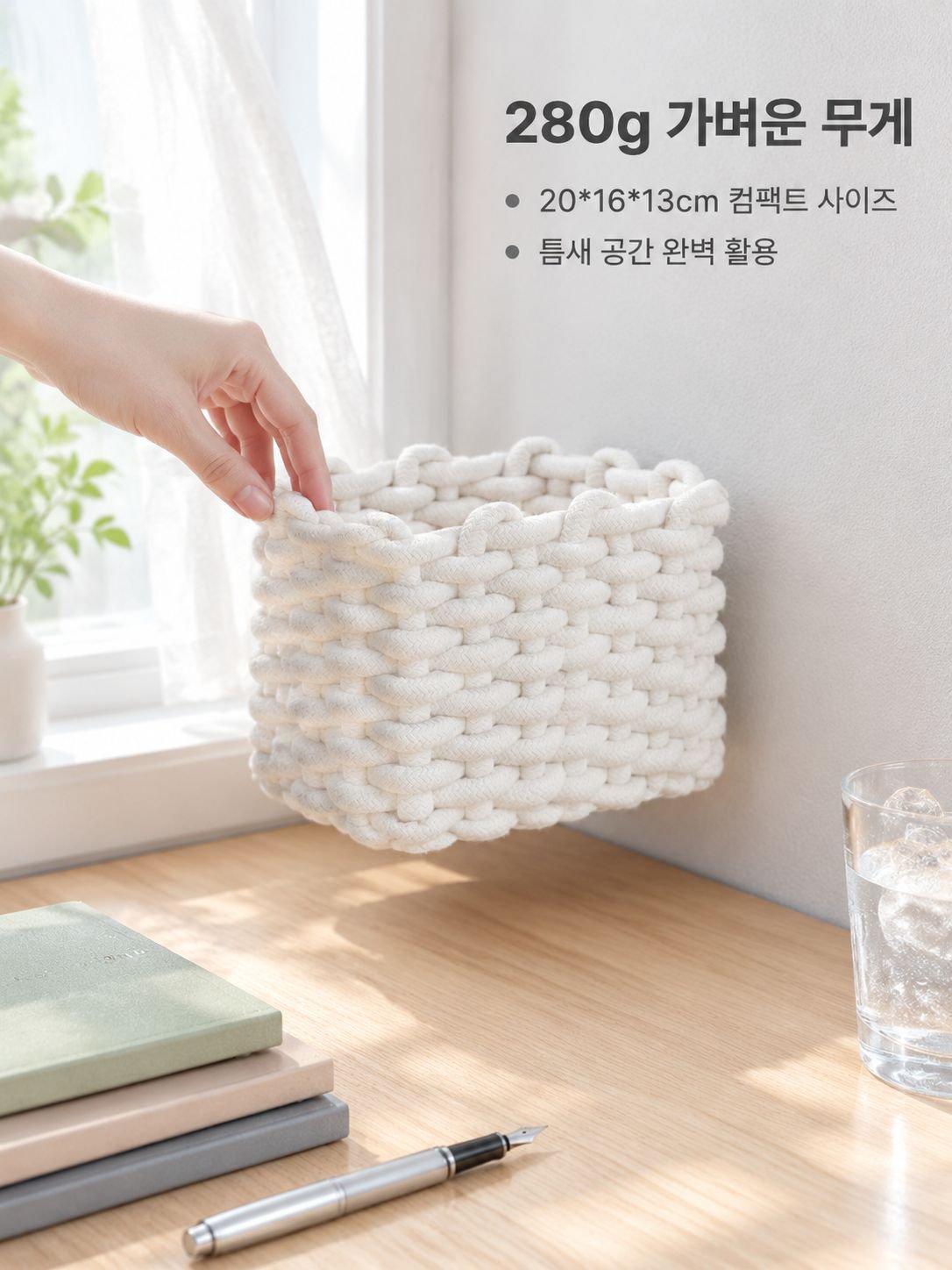 면 로프 직조 탁상용 수납 바구니