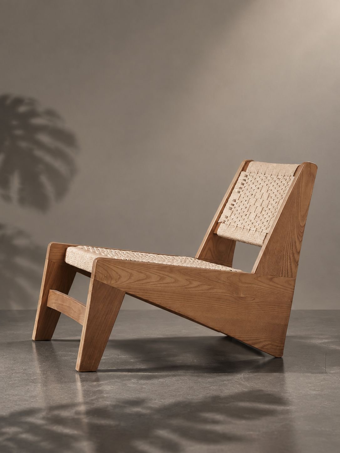 Fauteuil de salon individuel en bois massif style vintage wabi-sabi avec assise tressée