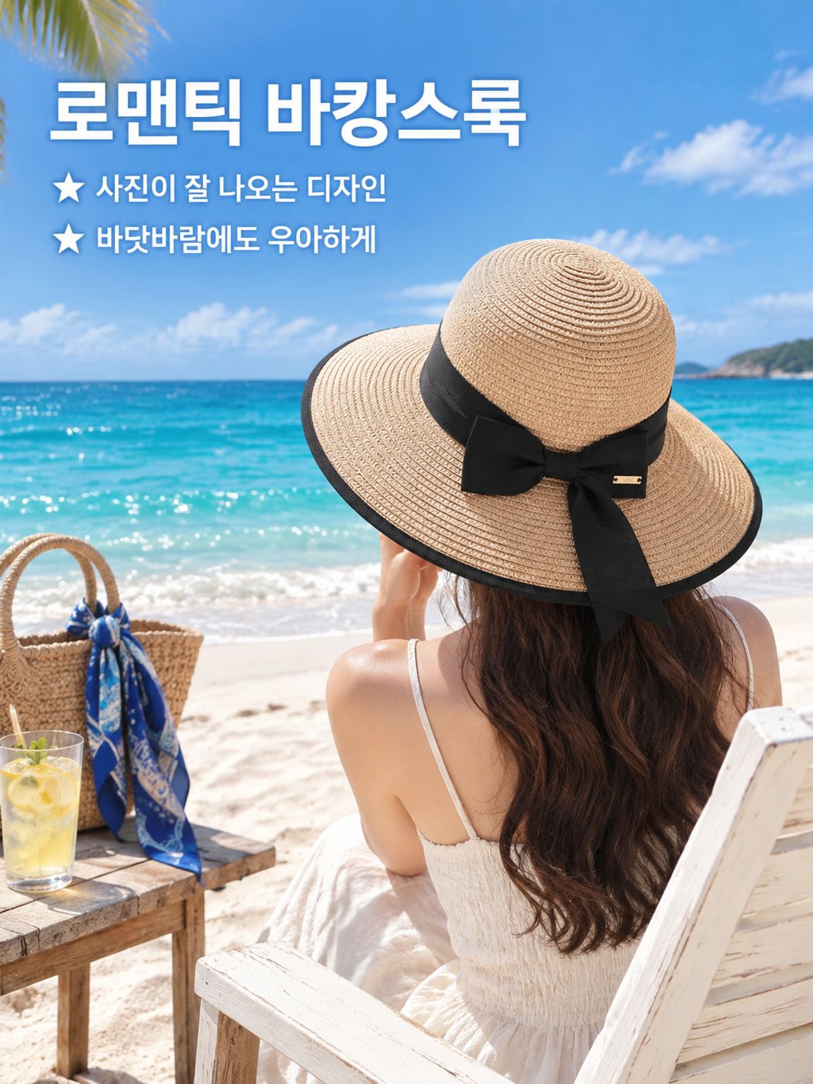 리본이 달린 넓은 챙의 밀짚모자