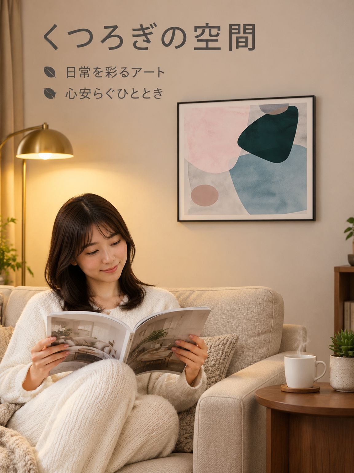 ソファの背面の壁を飾るアートパネル