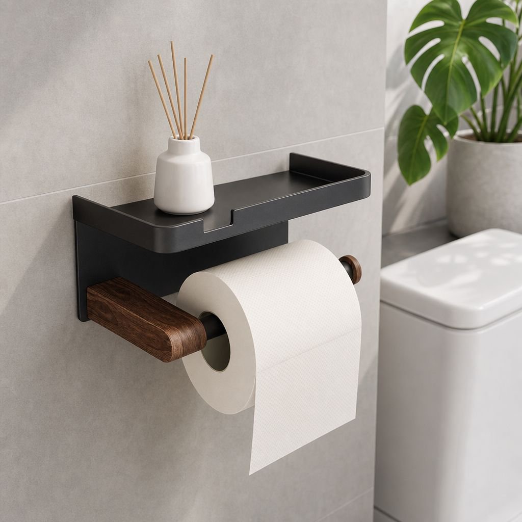 Moistureproof walnut bathroom organizer shelf mounted on wall