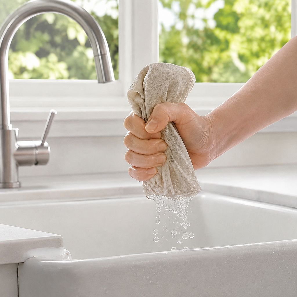 Reusable biodegradable loofah dishcloth on dishes