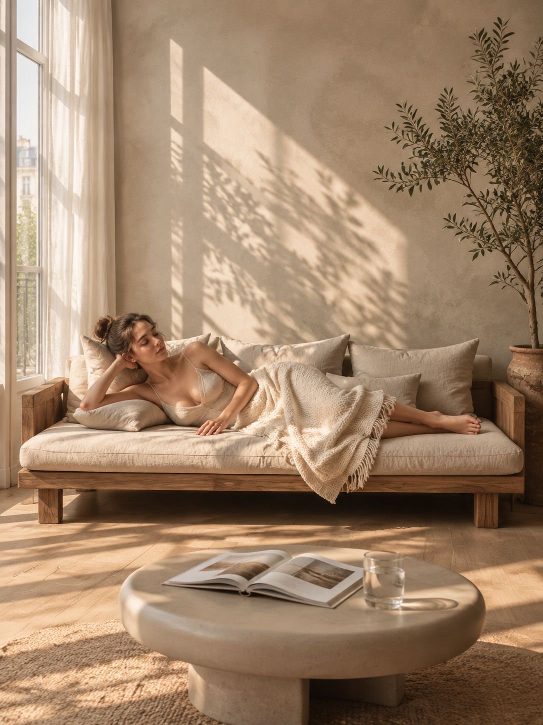 Fauteuil canapé trois places minimaliste en bois massif wabi-sabi