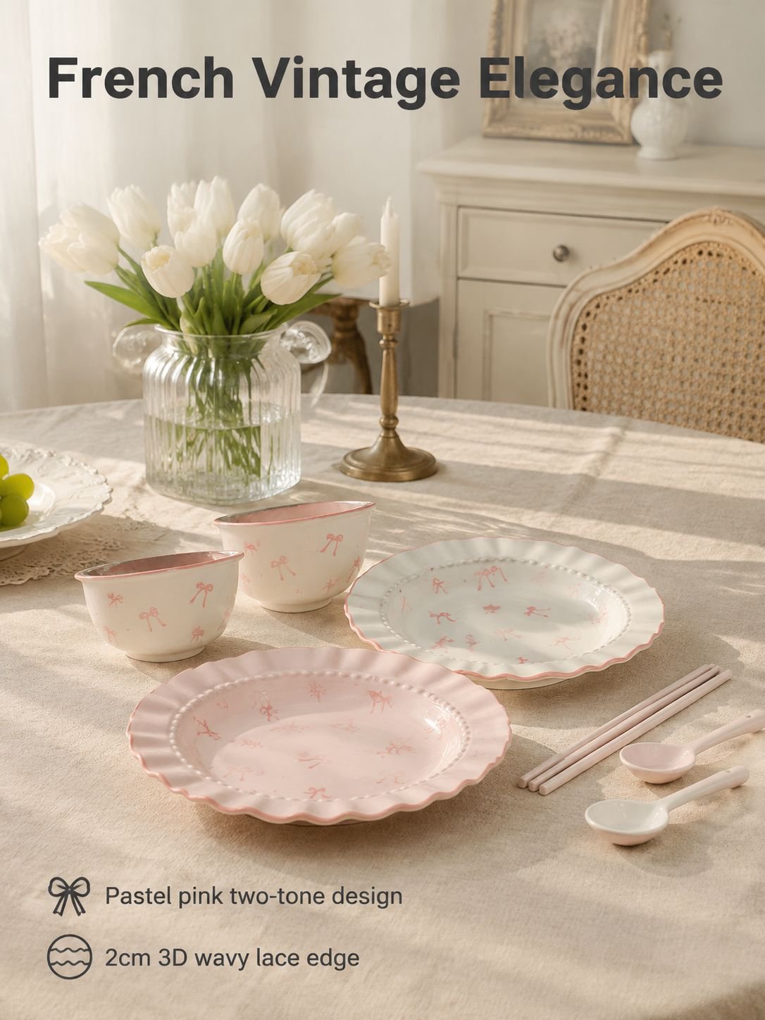 Bow-knot bowl and plate set for home use, ceramic bowls