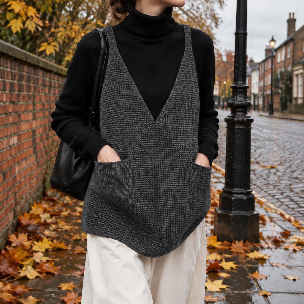 Autumn/winter women's wafu pocket knit vest, simple deep V-neck sweater vest outerwear