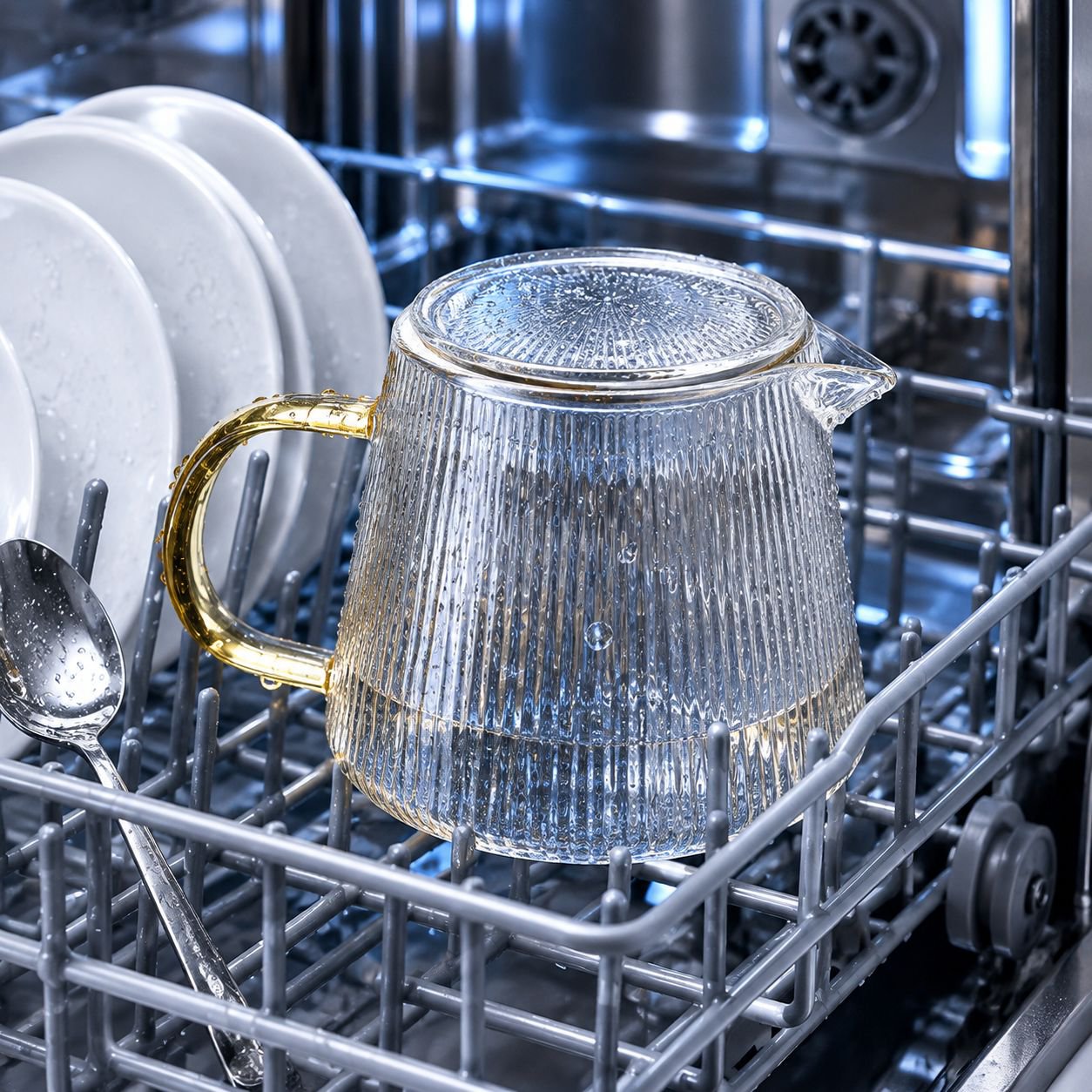 Close-up of the durable and stylish striped design of the teapot
