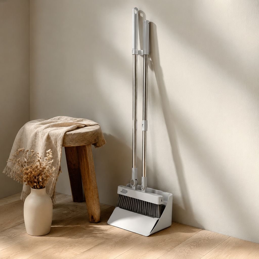 Foldaway Soft-Bristle Broom and Dustpan Set