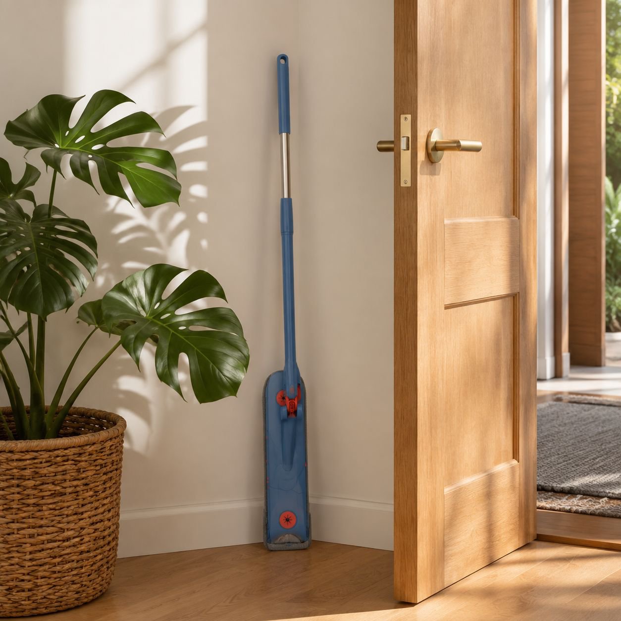 Window cleaning supplies - extendable glass cleaner in action